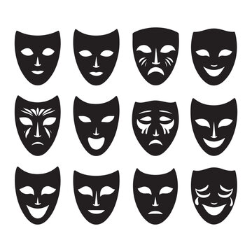 Theatrical Masks Icon Sheet Silhouette Vector: Dramatic and Expressive Theater Symbol Collection vector stock.