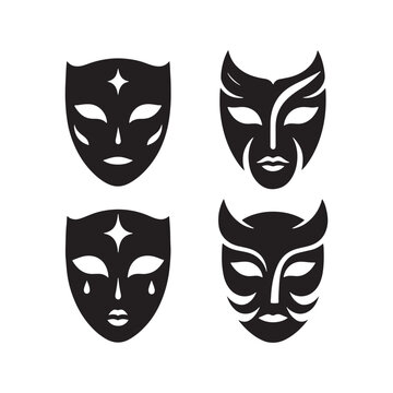Theatrical Masks Icon Sheet Silhouette Vector: Dramatic and Expressive Theater Symbol Collection vector stock.