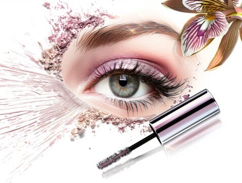 This is an eyeshadow product with an open tube of liquid silver metallic textured cream on a white background. Beautiful eyes with shimmery pink eyeshadow and gold irises. The peacock tail pattern 