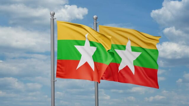 Myanmar aka Burma two flags waving together, looped video, two country relations concept