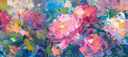 Abstract oil painting of peonies flowers, in the style of impressionism - obrazy, fototapety, plakaty