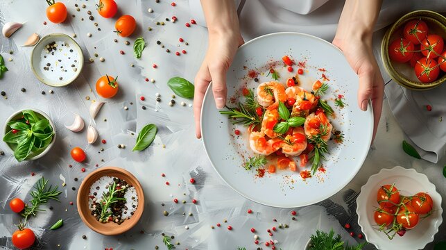 Fresh gourmet salad served on a plate against a soft patterned backdrop, perfect for culinary websites and cooking blogs. Healthy eating concept captured from above. AI