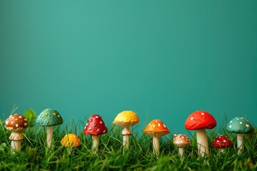 Miniature Colorful Mushroom Lights in Graphic Arrangement on Green Background