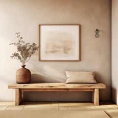 Rustic wood bench against beige stucco wall