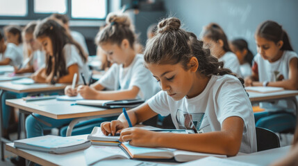 A group of children are writing at their desks in the classroom, with some boys and girls sitting at each desk wearing white T-shirts and blue jeans