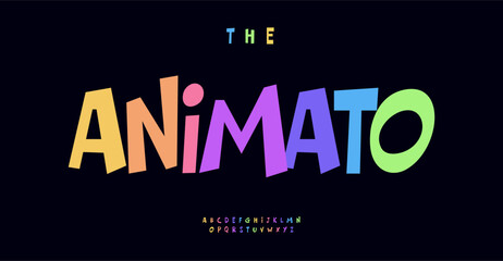 Animation-inspired playful sans serif letters, jolly nursery font for vibrant modern logo, quirky school headline, cheerful cartoon typography. Bold colorful dynamic playful alphabet. Vector typeset