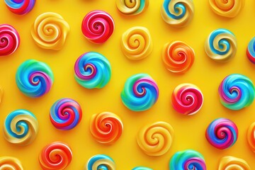 a lot of bright rainbow spirals on a yellow background . fashionable pattern.