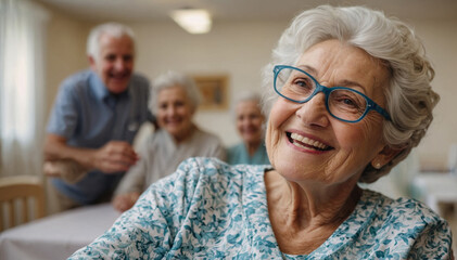 Happy mature woman having fun in geriatric clinic or or nursing home
