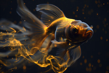 A gold fish swimming in a dark blue background with smoke in the background