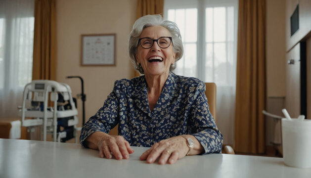 Happy mature woman having fun in geriatric clinic or or nursing home
