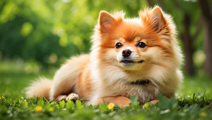 Cute dog lying on a green grass field nature in a spring sunny background