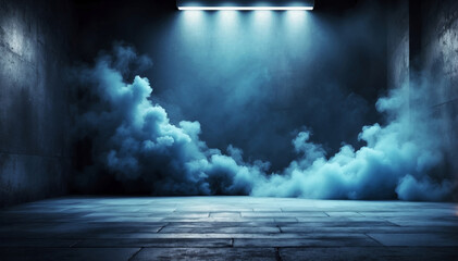Abstract dark blue background, empty dark scene,  spotlights. The concrete floor and studio room with smoke float up the interior texture for display products