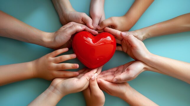 hands holding heart, Multiracial hands holding red heart together on blue background. Unity and charity concept for design and print. Overhead composition with place for text