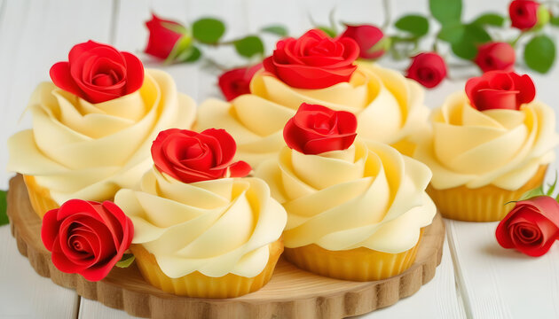 A close-up photo of a cupcake with vanilla cream in the shape of red roses on a white wood background