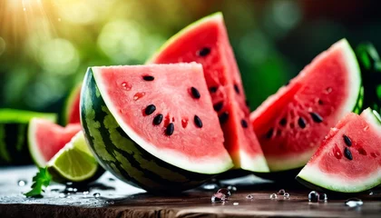 Foto op Plexiglas Sun-kissed watermelon slices rest on a rustic wooden table, their juicy red flesh dotted with black seeds, sparkling with freshness. © video rost