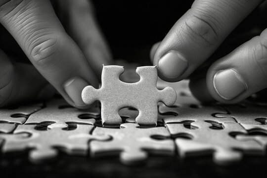 Monochrome close-up of hands placing the missing jigsaw piece on a puzzle