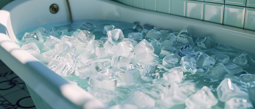 A bathtub filled with ice presents an extreme contrast of comfort.