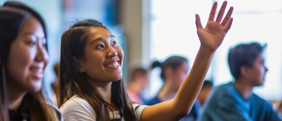 Eager female student raising hand in a classroom full of peers. - obrazy, fototapety, plakaty
