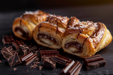 Freshly baked buns with chocolate on a black background.