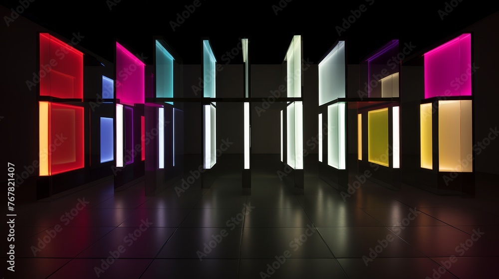 Poster an abstract image of a hallway illuminated by colorful rectangular light boxes on the walls, casting