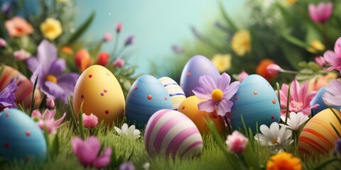 Obraz na płótnie Canvas Easter background with eggs, bunnies and flowers Generative AI