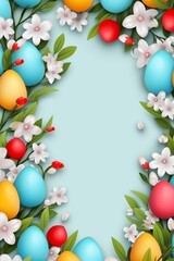 Naklejka na ściany i meble Easter background with eggs, bunnies and flowers Generative AI