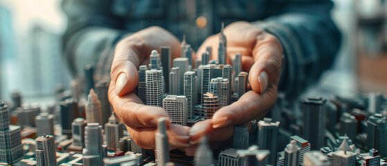 Delicate urban planning lies in human hands, symbolizing the fragile balance of city development.