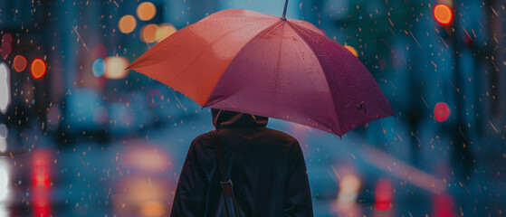 Solitary figure with umbrella in rain, city lights blurred in the distance.