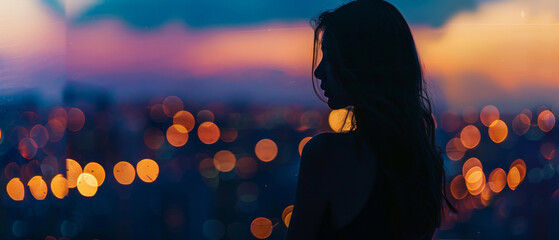 Solitary figure of a woman silhouetted against a vibrant cityscape at dusk, lost in thought. - obrazy, fototapety, plakaty