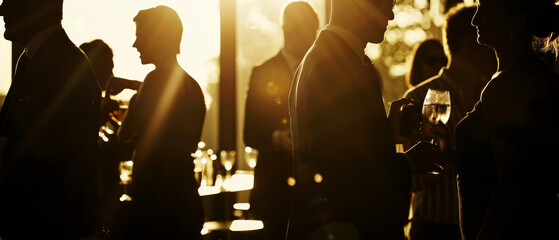 Backlit figures of guests interacting at an elegant outdoor event during a sunset soiree.