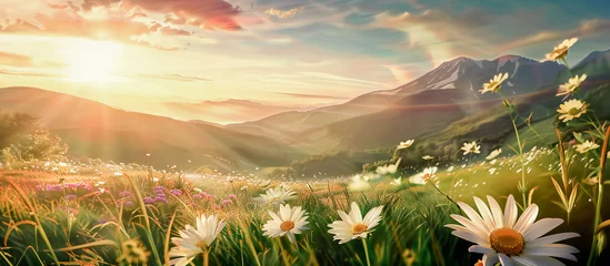 Poster Beautiful summer pastoral landscape at sunset with a blooming field of daisies in grass on a hilly area © VetalStock