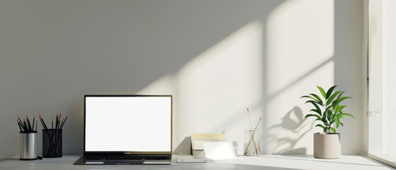 Sleek workspace with a blank laptop screen, ready for fresh ideas and productivity.