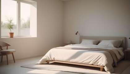 Fototapeta na wymiar Minimal Scandinavian contemporary bedroom with sunlight. Simplistic Home