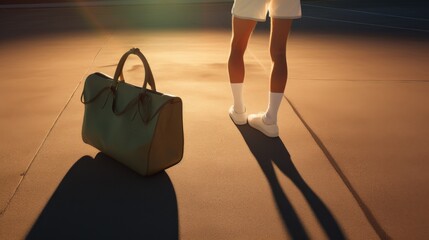 The silhouette of a tennis player with gear by the court at golden hour, capturing a moment of anticipation - obrazy, fototapety, plakaty