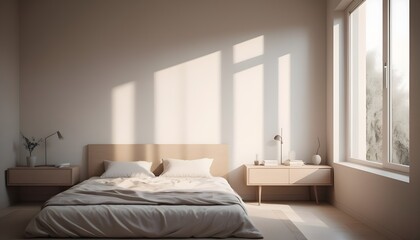 Minimal Scandinavian contemporary bedroom with sunlight. Simplistic Home