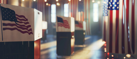 Patriotic voting booths adorned with American flags, embodying democracy.