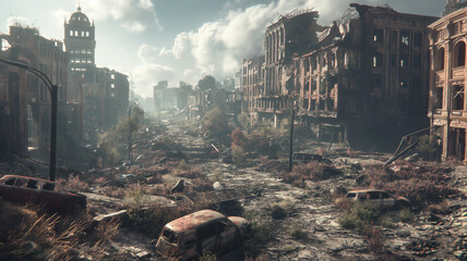 Post apocalypse city background after nuclear war. Destroyed city buildings.