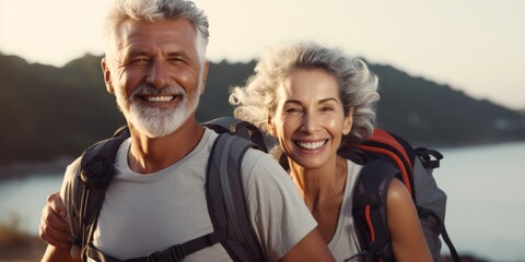 selfie of elderly couple with backpacks traveling Generative AI