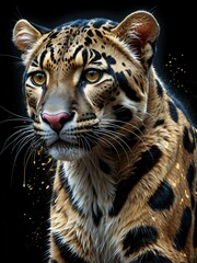 Ultra detailed artistic bright vibrant illustration of cute  isolated close-up clouded leopard on a black background. Tee-Shirt Design, Line Art.