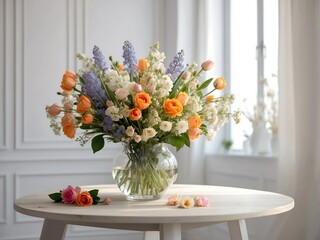A bouquet of delicate spring flowers on a table in a room with white walls. 