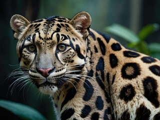 A clouded leopard in his habitat. Greenery. Botanical background.