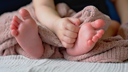 close-up of cute baby feet. perfect baby a legs close-up. family newborn baby birth kid dream concept. newborn feet in focus. baby legs: close-up on lifestyle a beautiful background - 767822412