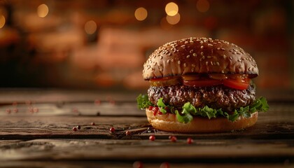 Hamburger on a wooden background. 