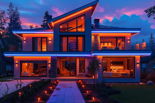 modern duplex herenhuis met volledige panoramische ramen en decoratieve verlichting die de architecturale vorm accentueren