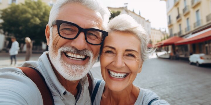 selfie of an elderly couple on the street smile Generative AI