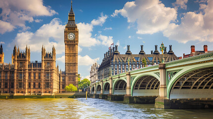 Fototapeta na wymiar Big Ben Clock Tower in London UK on a bright day, generative ai