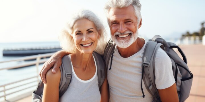 selfie of elderly couple with backpacks traveling Generative AI