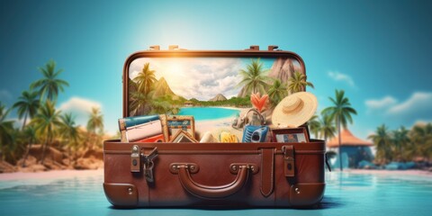 vacation travel time banner, open travel suitcase with exotic destination inside