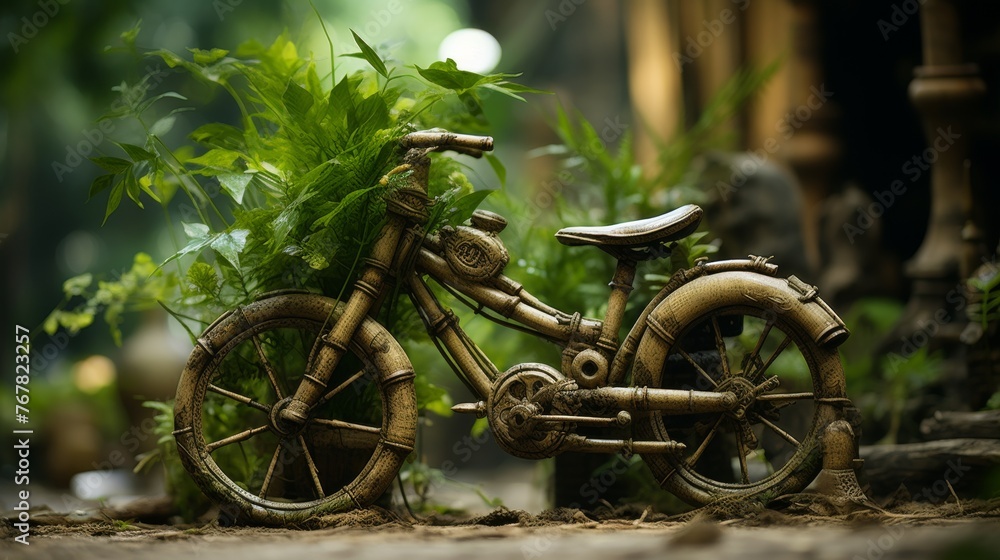 Poster an artistic creation of a bike, masterfully woven from bamboo and integrating seamlessly with vibran