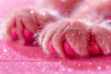 close up of glitter pink cat paws, pink background